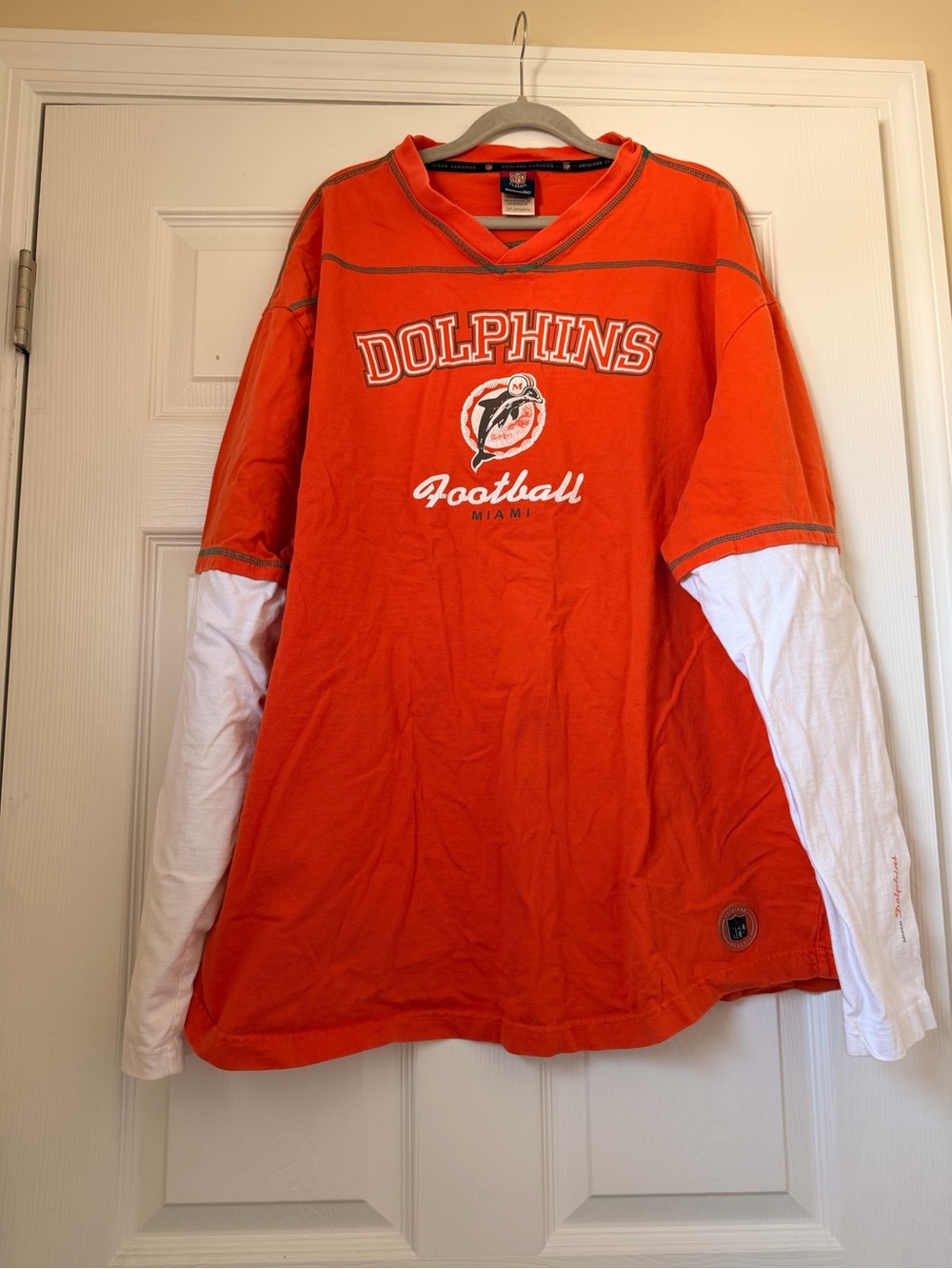 NFL Orange and White Miami Dolphins Layered-Look Long Sleeve Tee